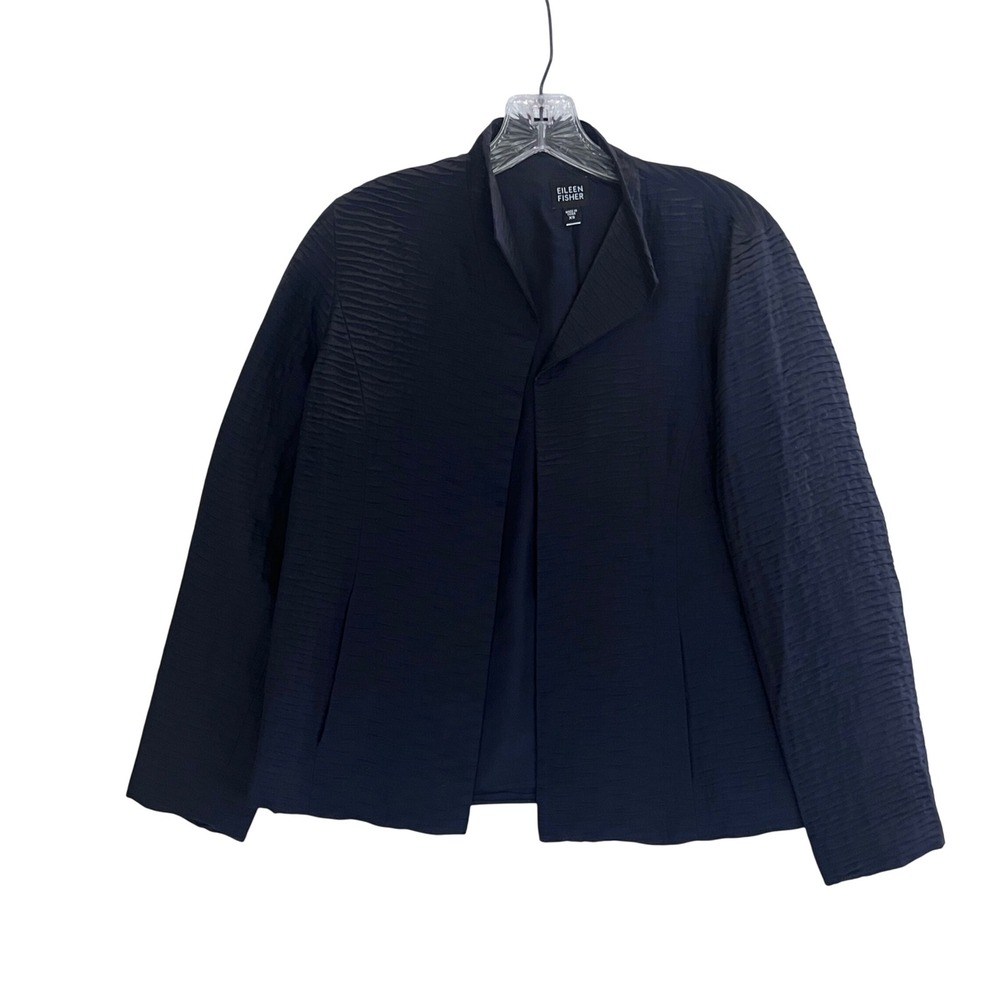 Eileen Fisher Navy Blue 100% Silk Textured Pleated Open Front Blazer Jacket XS
